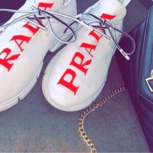 Prada Red and White Logo Sneakers